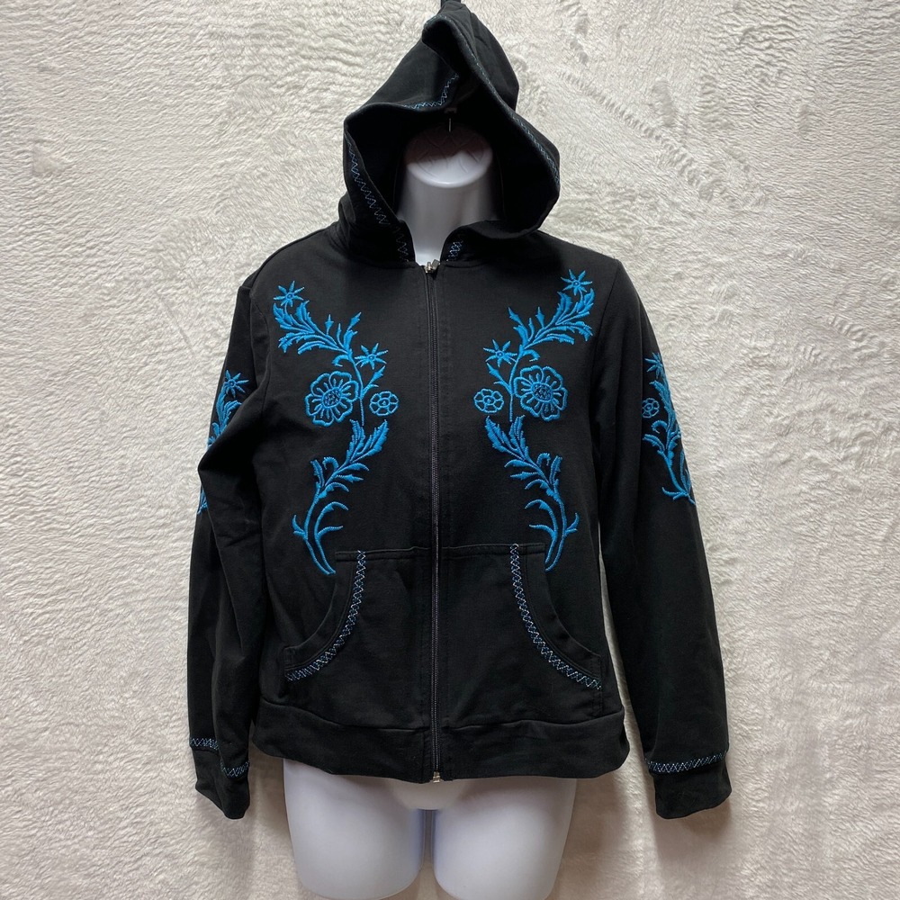 Rod's Embroidered Floral Zip Hoodie Women Medium Black Turquoise Country Western